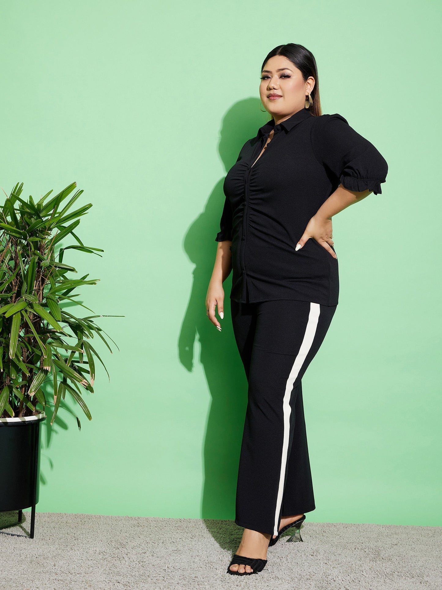 Black Ruched Shirt With Side Tape Pants