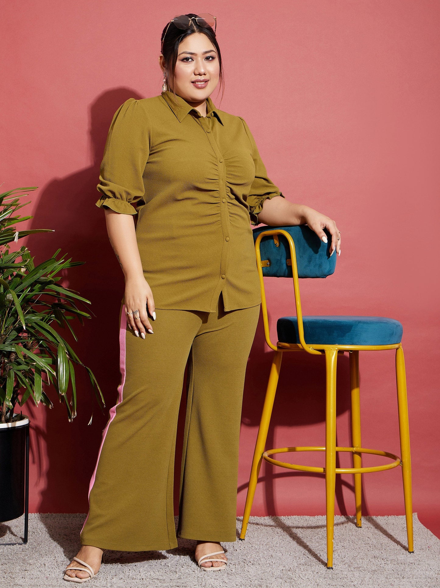 Olive Ruched Shirt With Side Tape Pants
