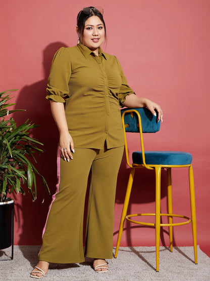 Olive Ruched Shirt With Side Tape Pants