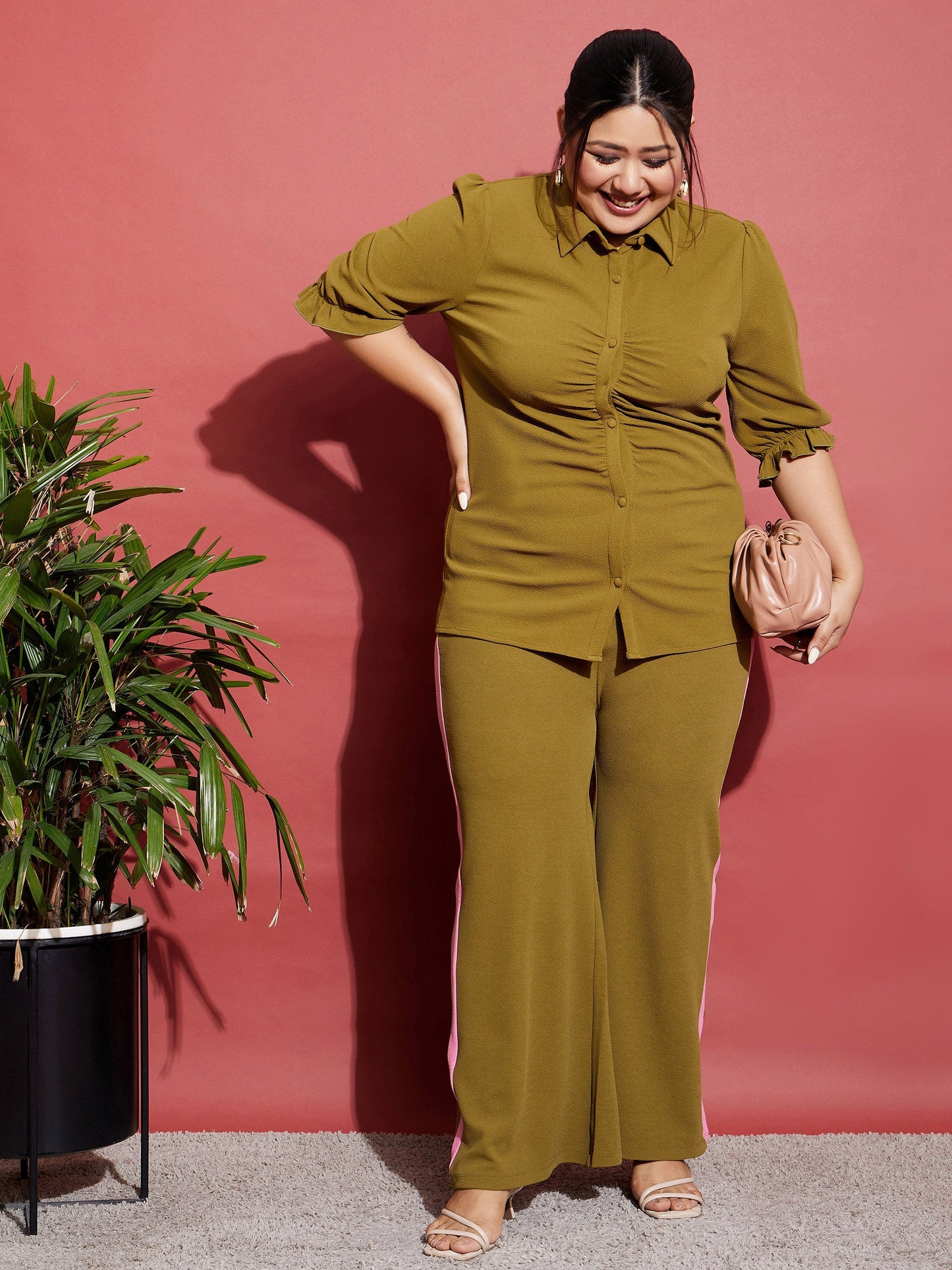 Olive Ruched Shirt With Side Tape Pants