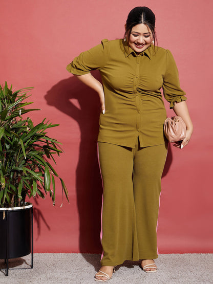 Olive Ruched Shirt With Side Tape Pants