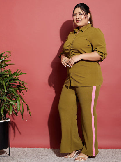 Olive Ruched Shirt With Side Tape Pants