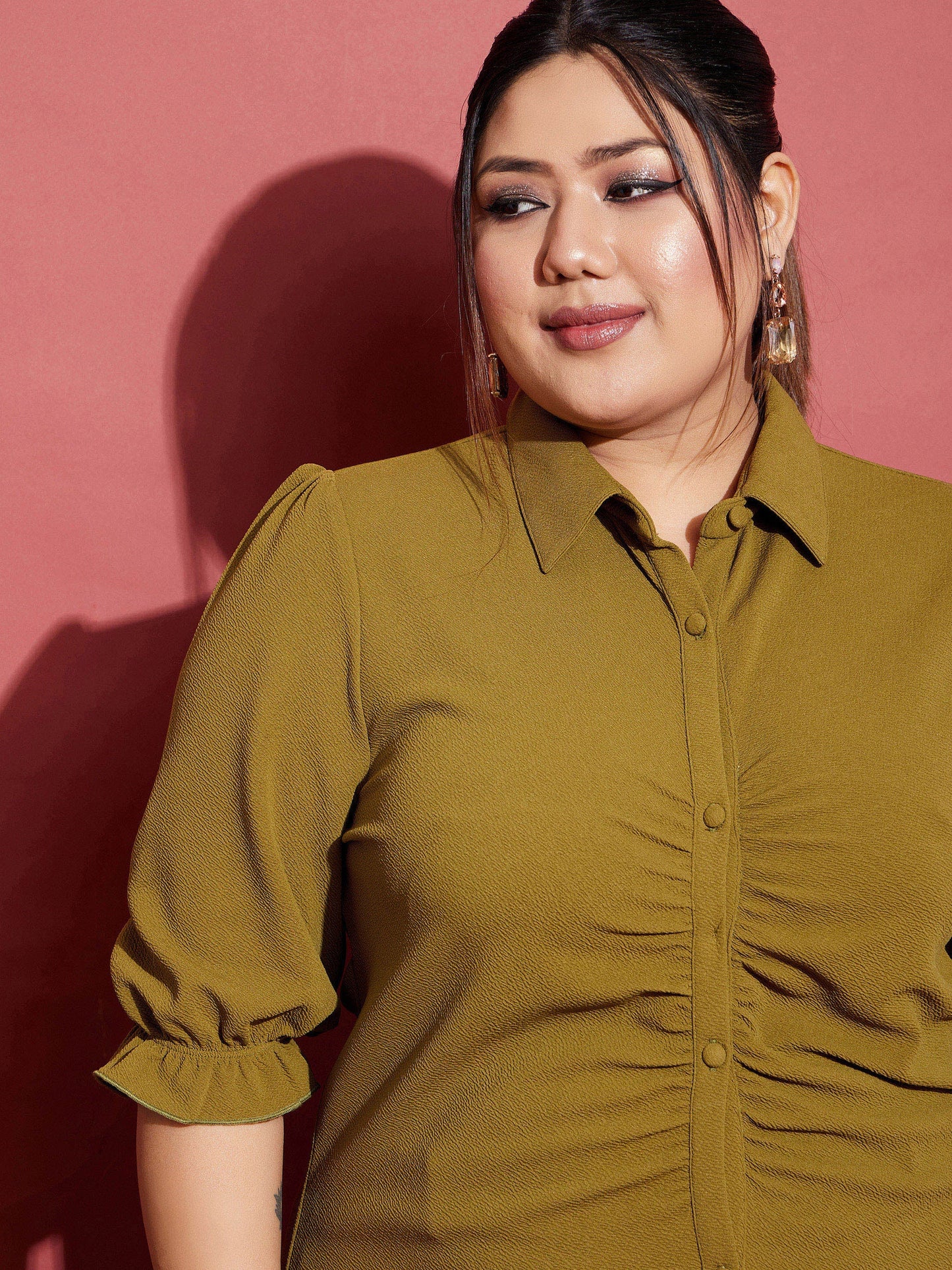 Olive Ruched Shirt With Side Tape Pants