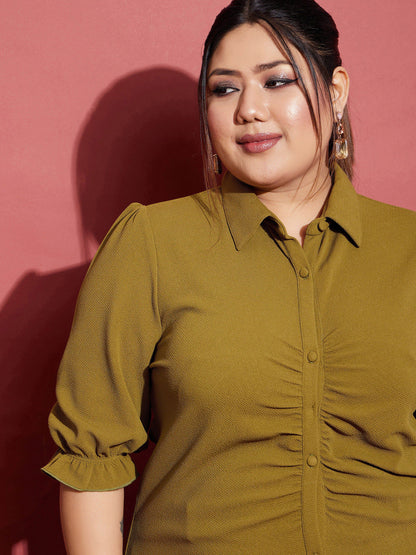 Olive Ruched Shirt With Side Tape Pants