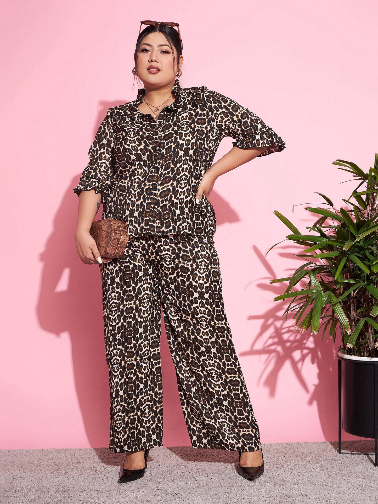 Plus size women's Beige Georgette Beige Animal Print Shirt With Straight Pants by Sassafras Curve for wholesale buyers, boutiques, resellers and bulk
