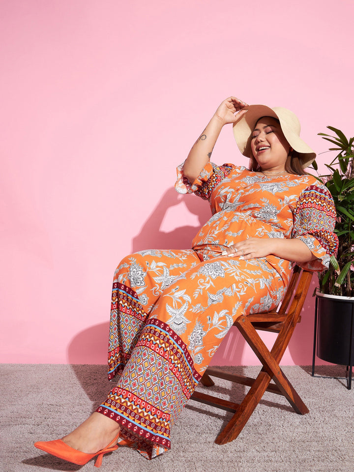 Orange Floral Peplum Top With Straight Pants-SASSAFRAS Curve