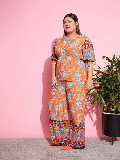 Orange Floral Peplum Top With Straight Pants-SASSAFRAS Curve