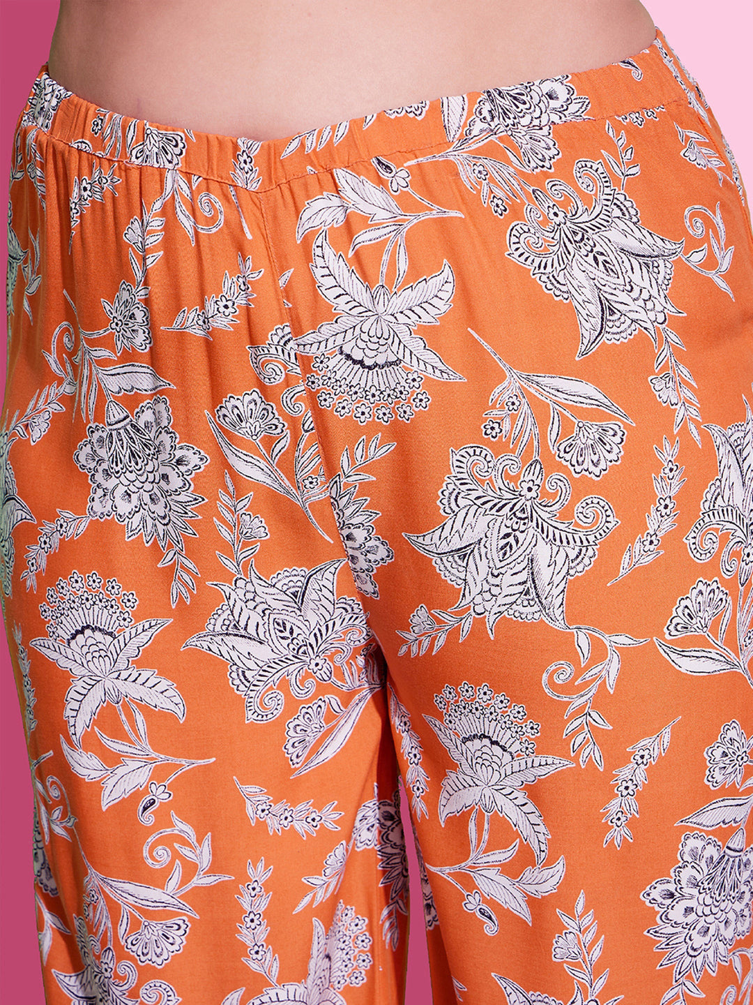Orange Floral Peplum Top With Straight Pants-SASSAFRAS Curve