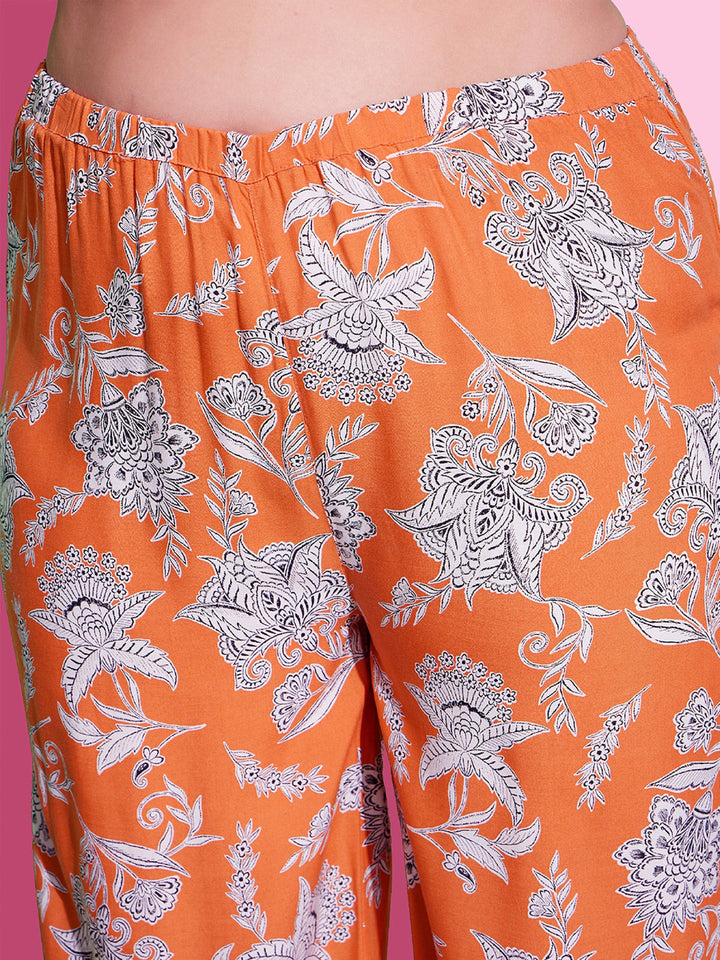 Orange Floral Peplum Top With Straight Pants-SASSAFRAS Curve