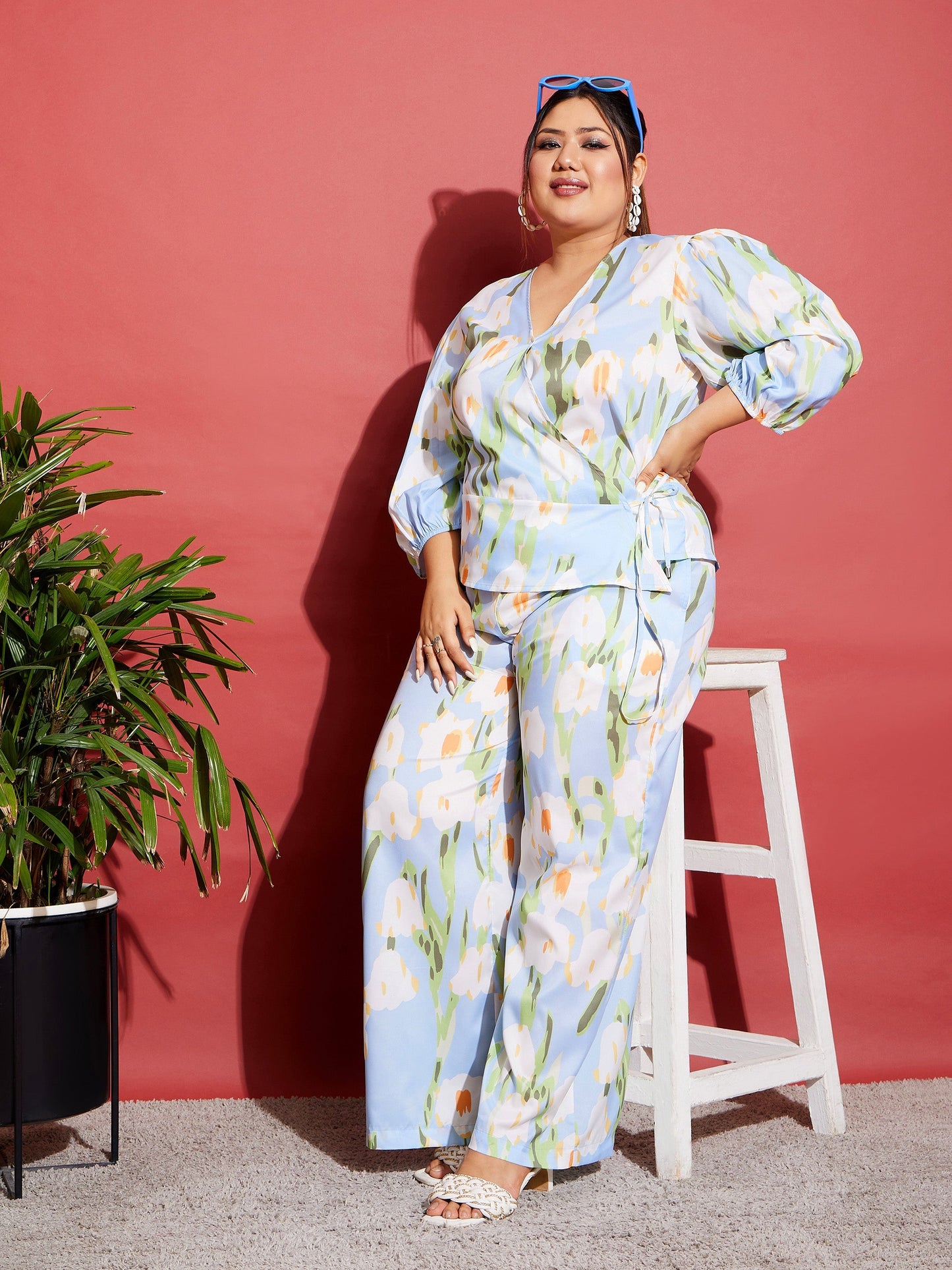 Blue Floral Wrap Top With Straight Pants
