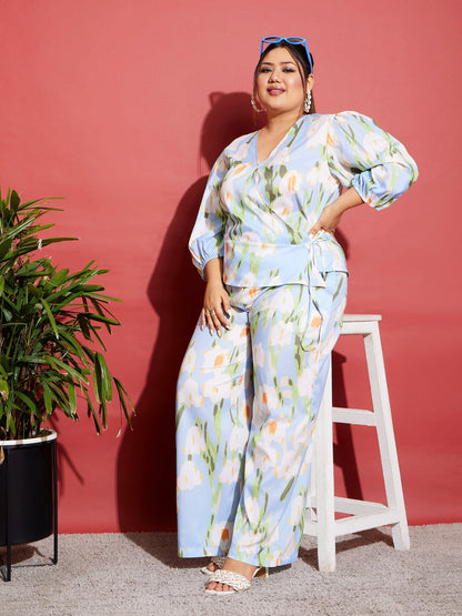 Blue Floral Wrap Top With Straight Pants