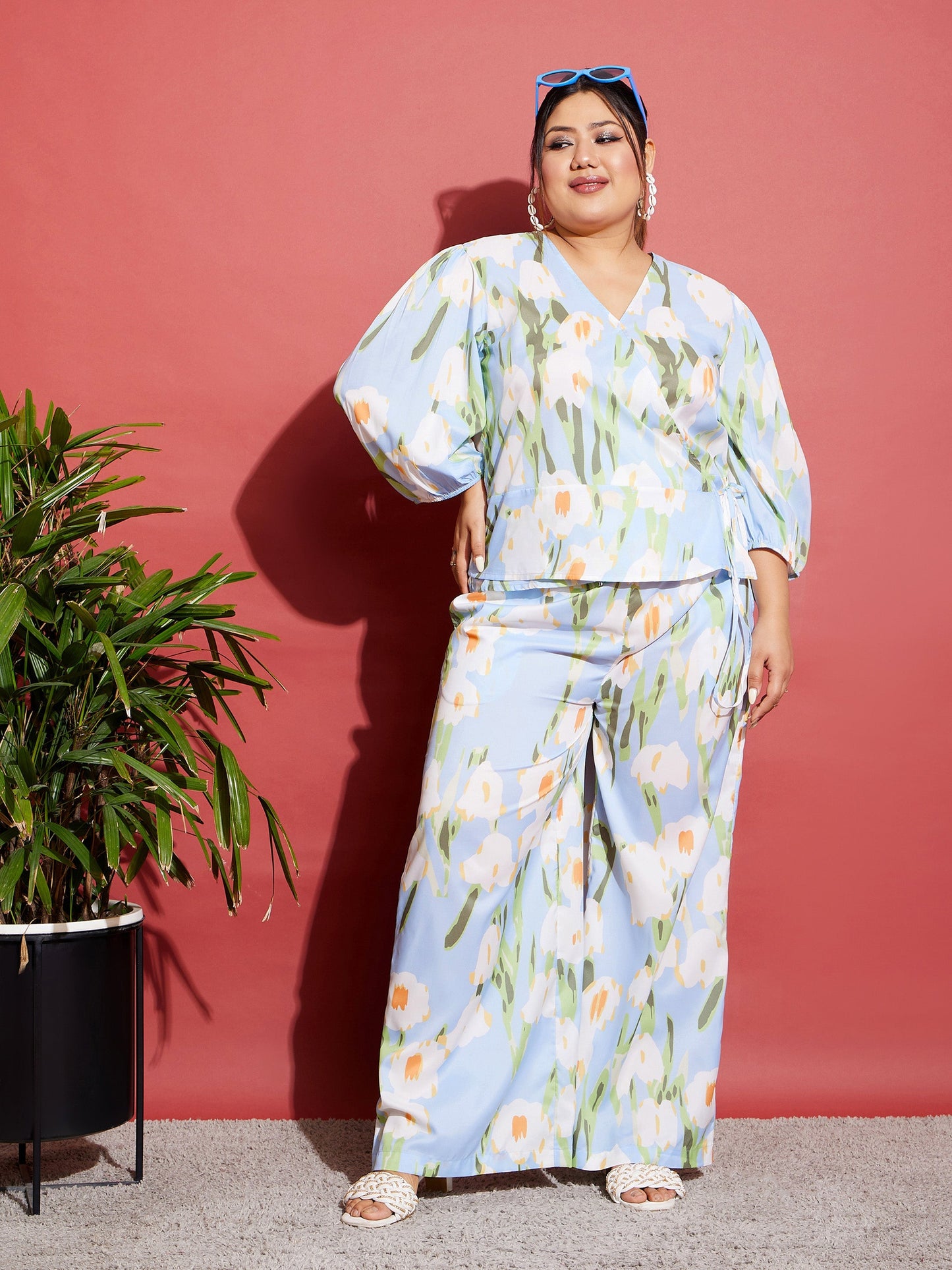 Blue Floral Wrap Top With Straight Pants