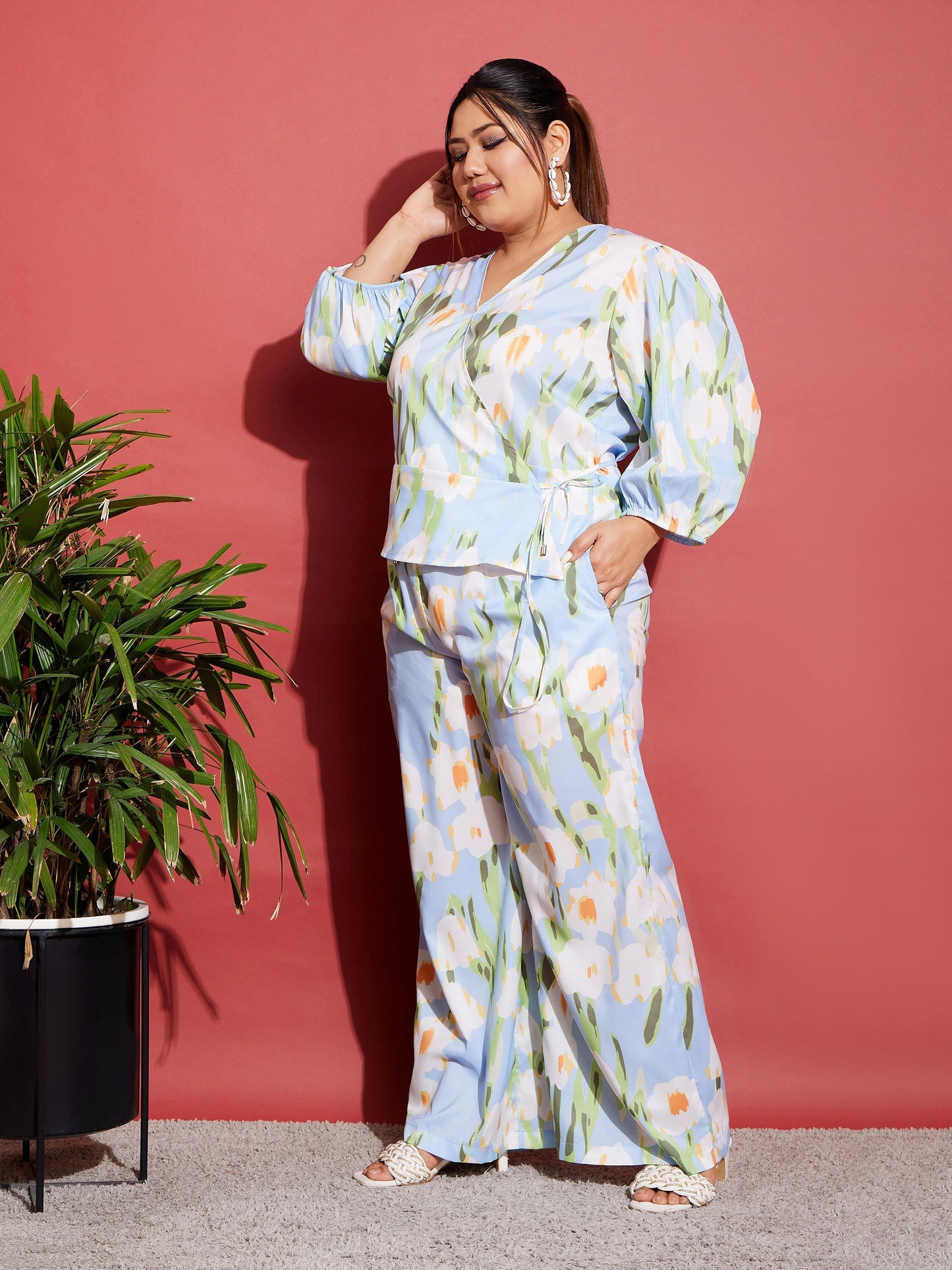 Blue Floral Wrap Top With Straight Pants