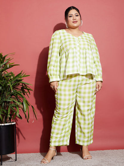 Green & White Check Top With Tapered Pants