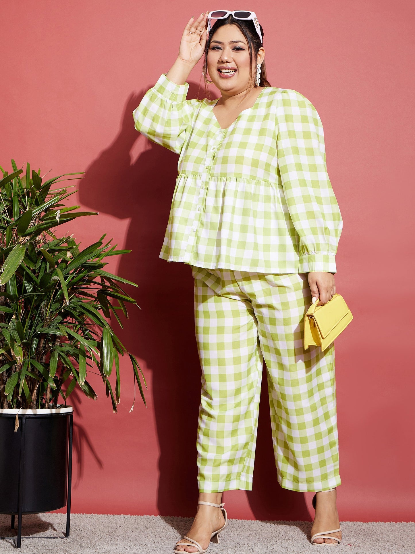 Green & White Check Top With Tapered Pants