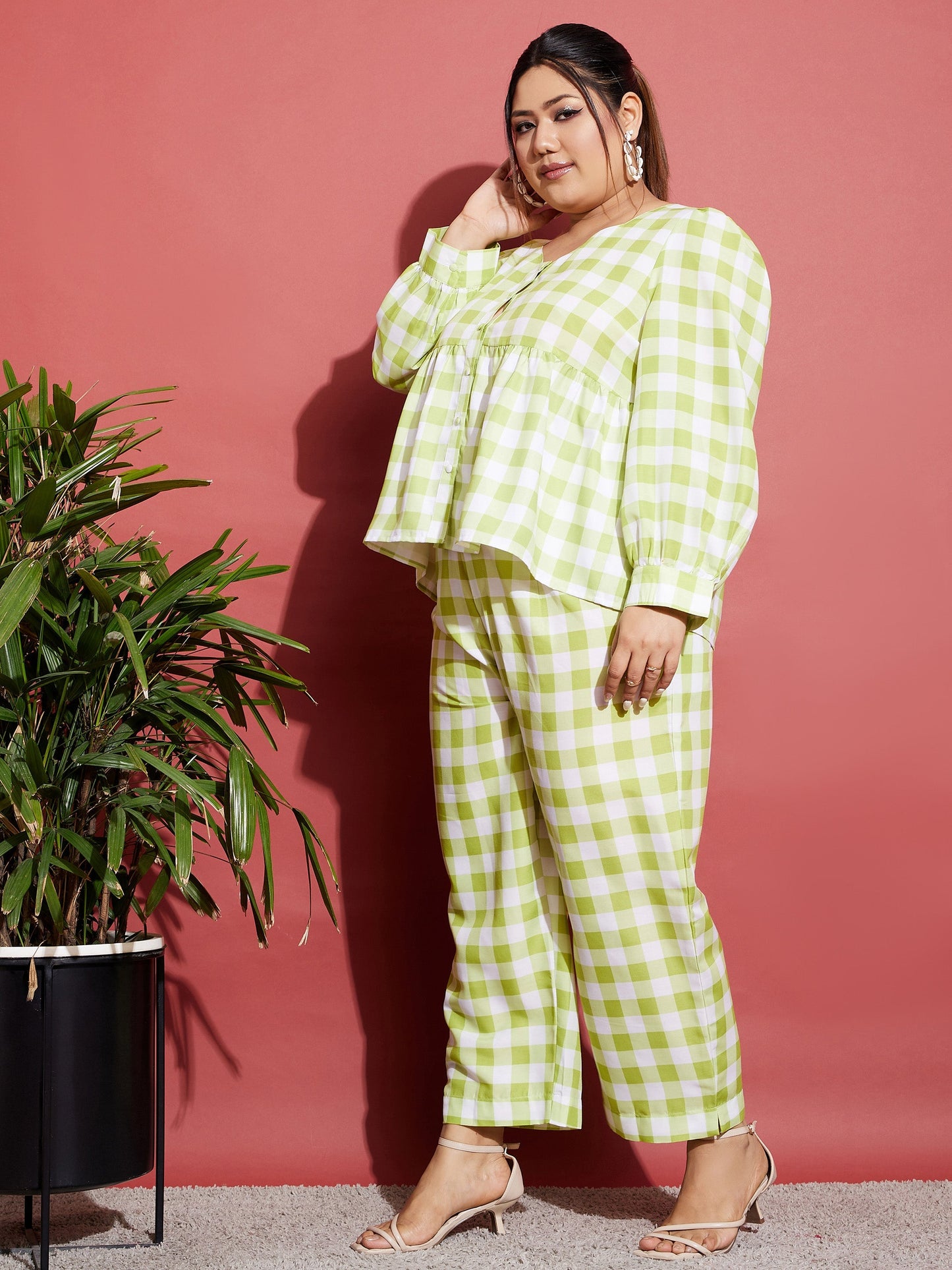 Green & White Check Top With Tapered Pants