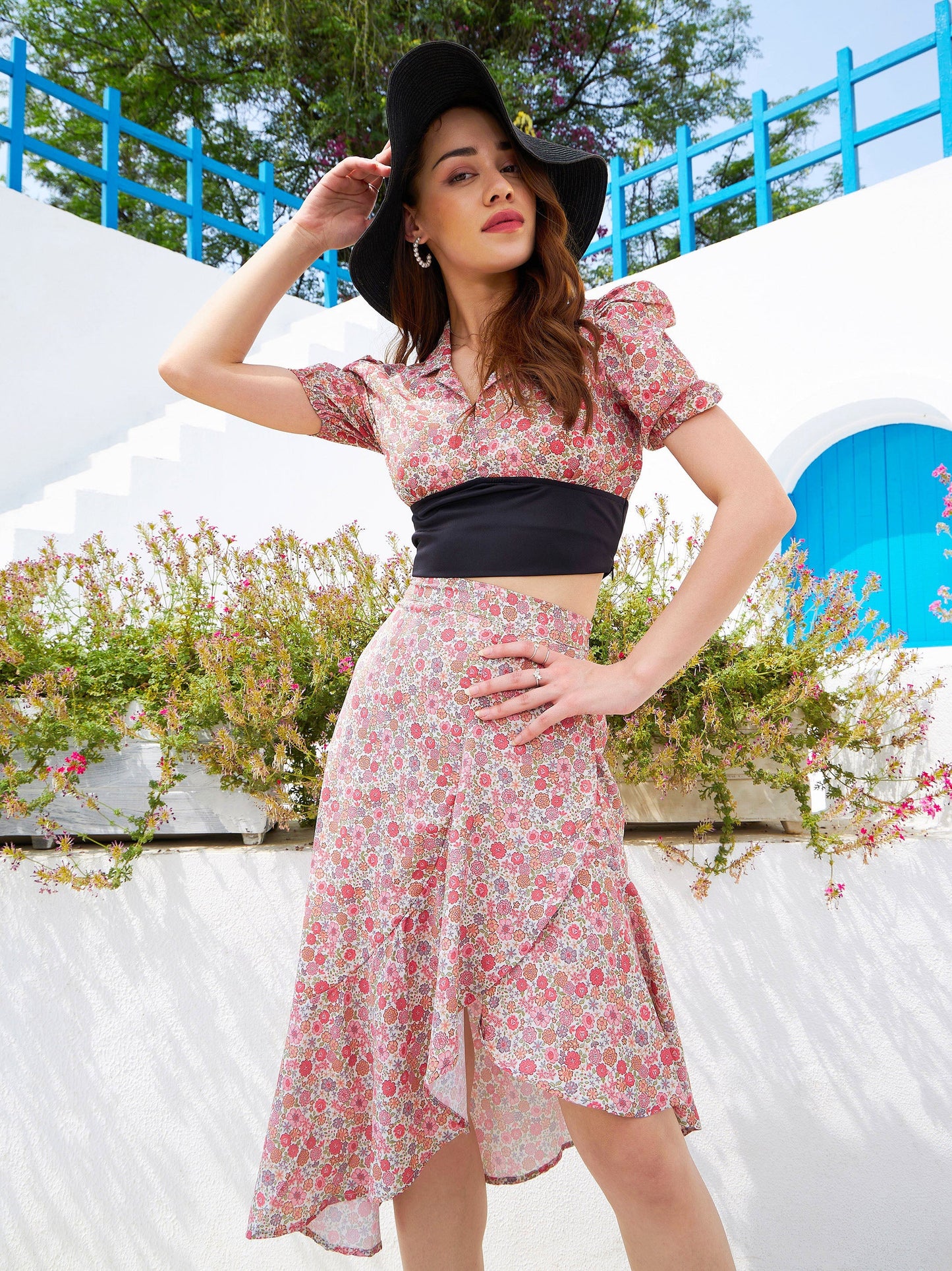Beige Ditsy Floral Crop Top With Ruffle Skirt