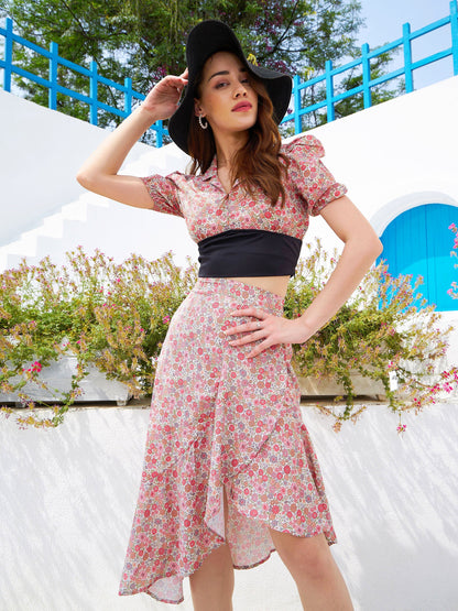 Beige Ditsy Floral Crop Top With Ruffle Skirt