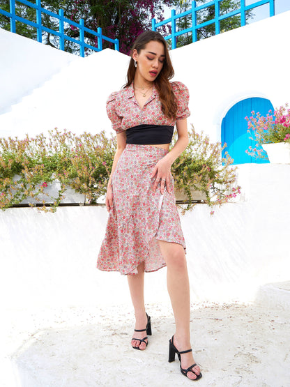 Beige Ditsy Floral Crop Top With Ruffle Skirt