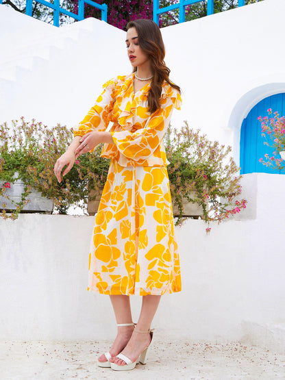 Mustard Floral Wrap Top with Skirt