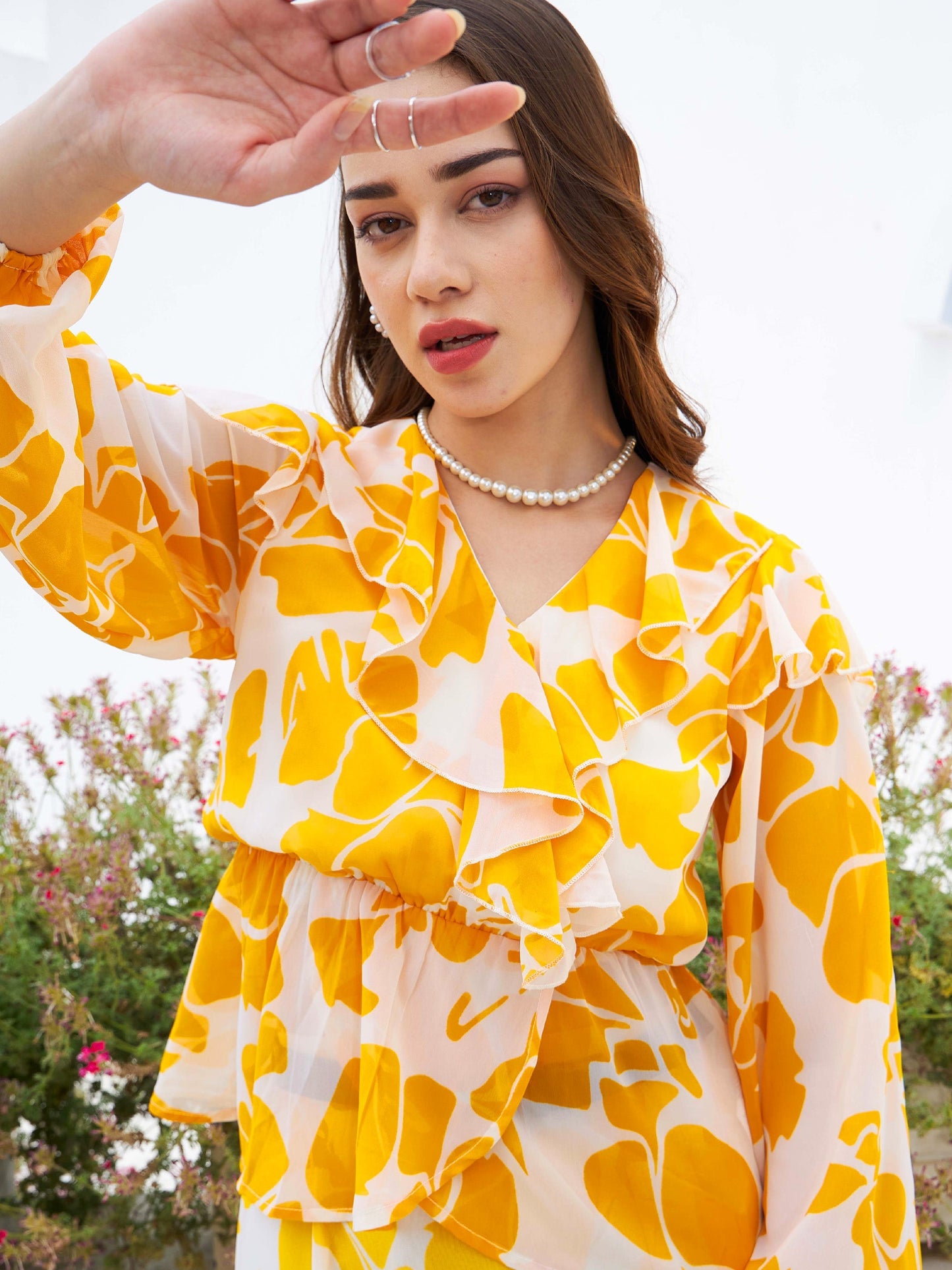 Mustard Floral Wrap Top with Skirt