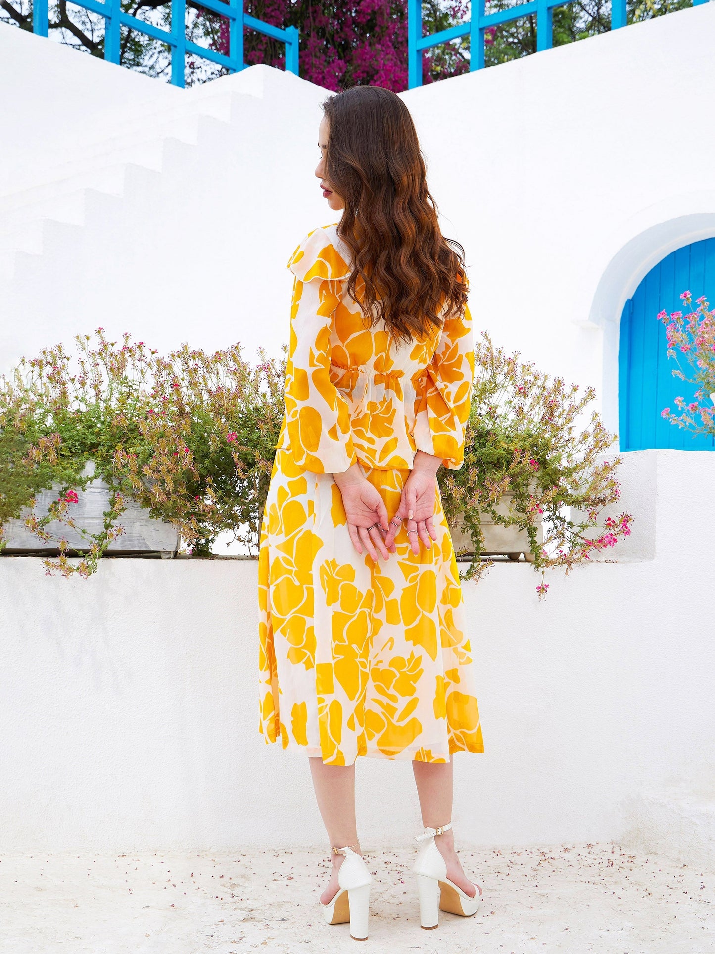 Mustard Floral Wrap Top with Skirt