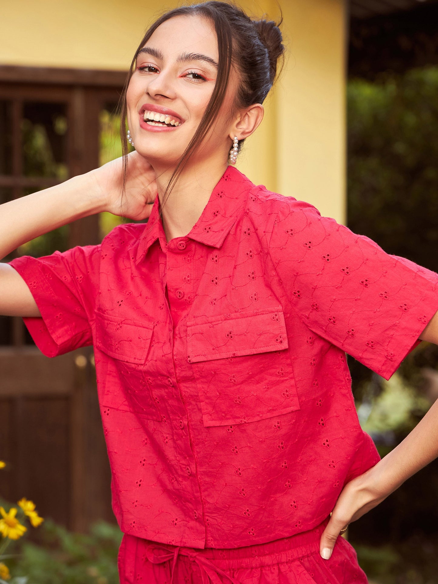 Women Red Schiffli Crop Shirt With Wide Leg Pants