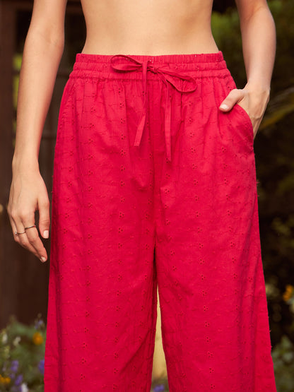 Women Red Schiffli Crop Shirt With Wide Leg Pants