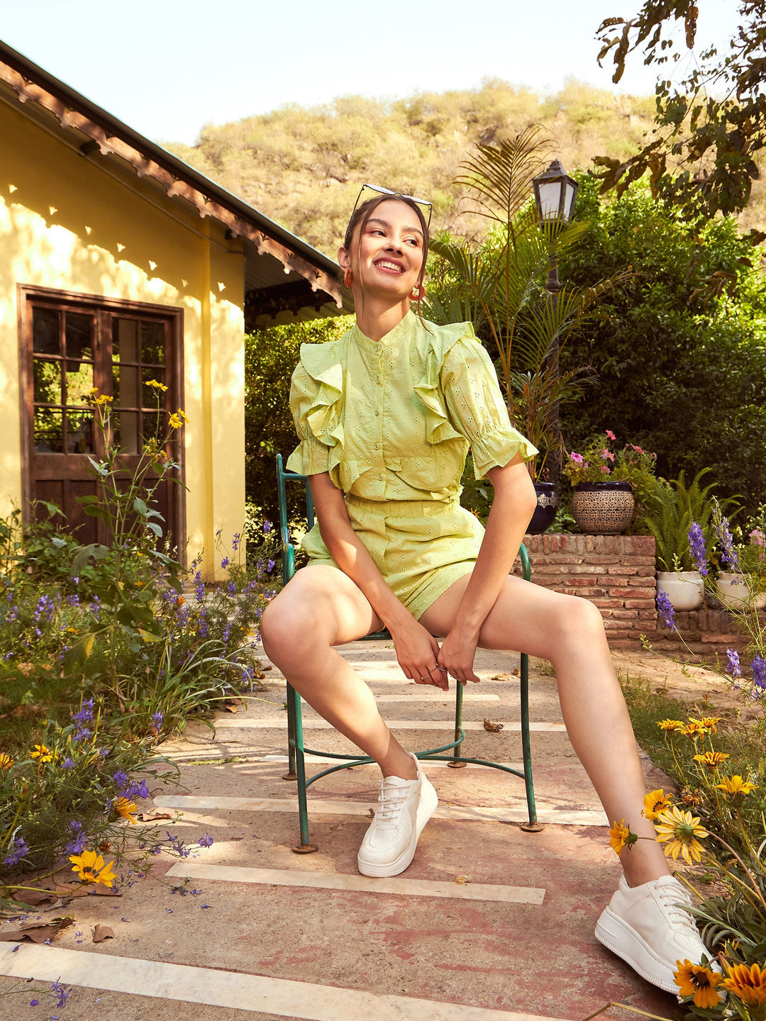 Women Lime Green Schiffli Puff Sleeves Shirt With Paper waist Shorts