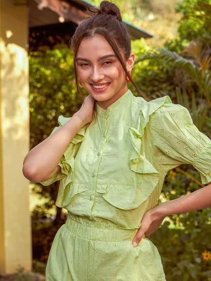 Women Lime Green Schiffli Puff Sleeves Shirt With Paper waist Shorts