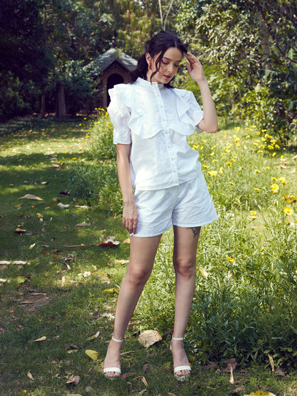 Women White Schiffli Puff Sleeves Shirt With Paper waist Shorts