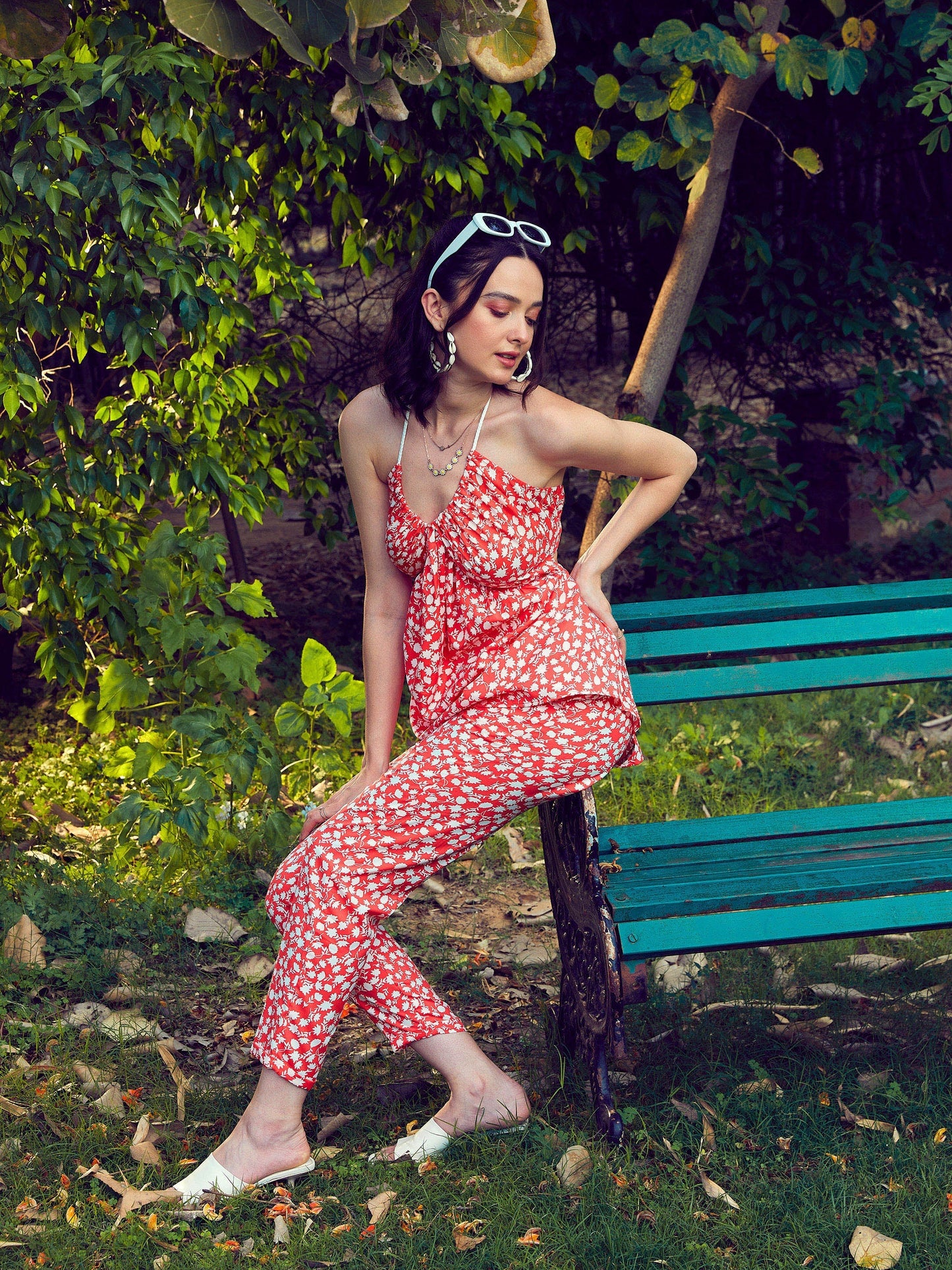 Red Ditsy Floral Tie-Up Peplum Top With Pants