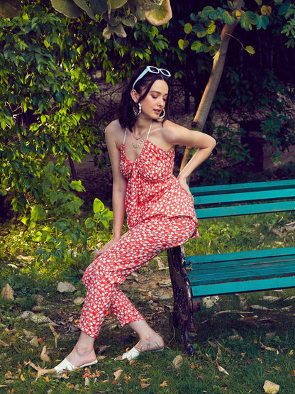 Red Ditsy Floral Tie-Up Peplum Top With Pants