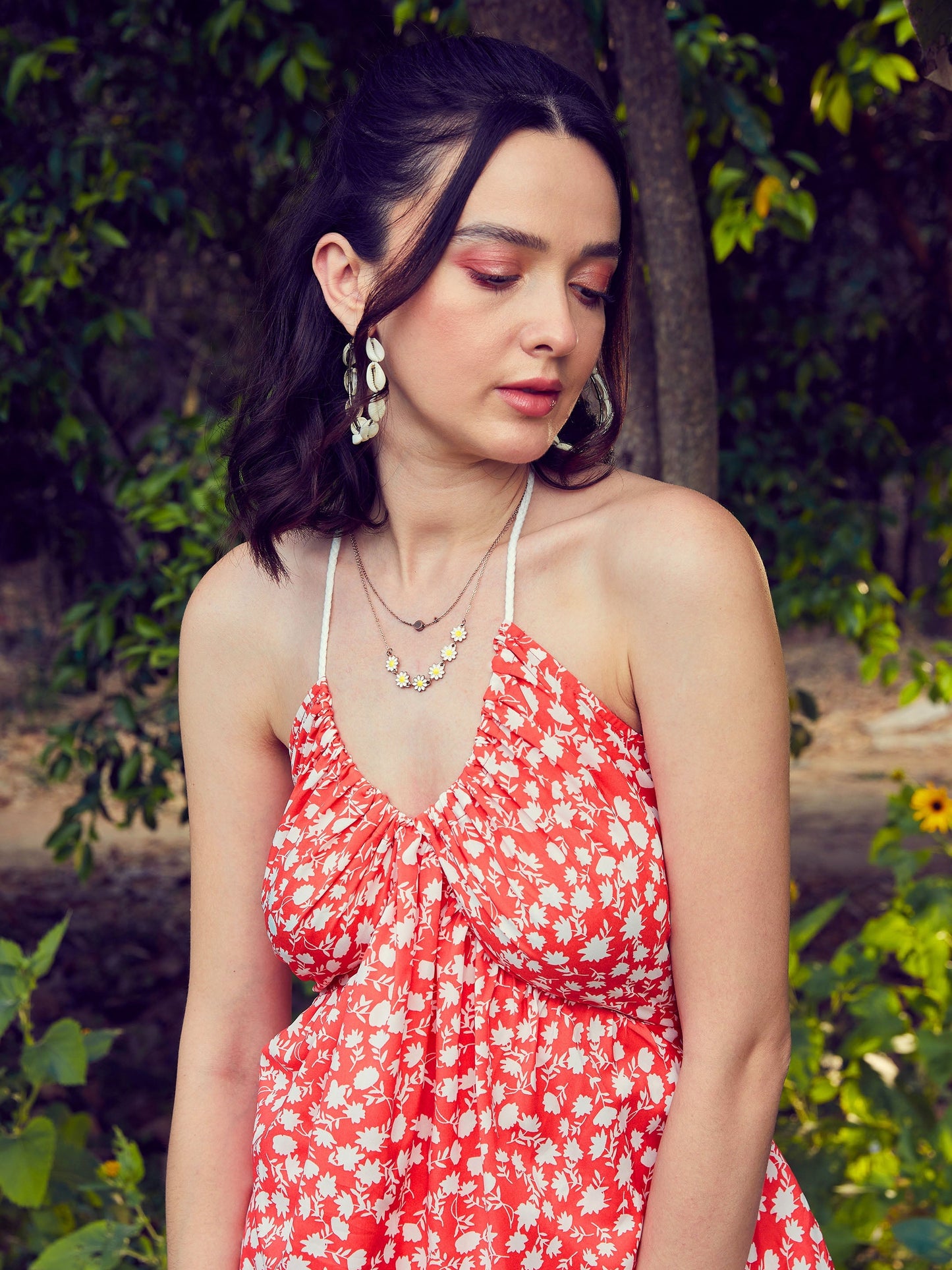 Red Ditsy Floral Tie-Up Peplum Top With Pants