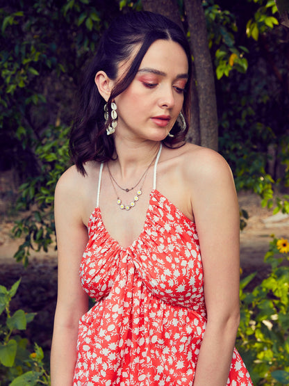 Red Ditsy Floral Tie-Up Peplum Top With Pants