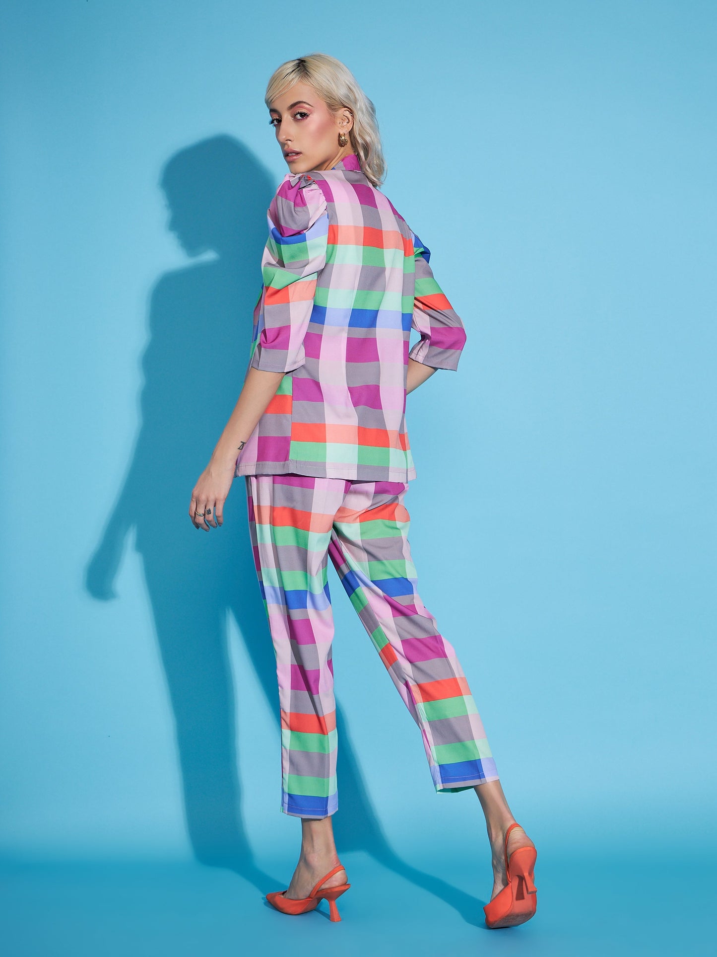 Women Multi Check Puff Blazer With Tapered Pants