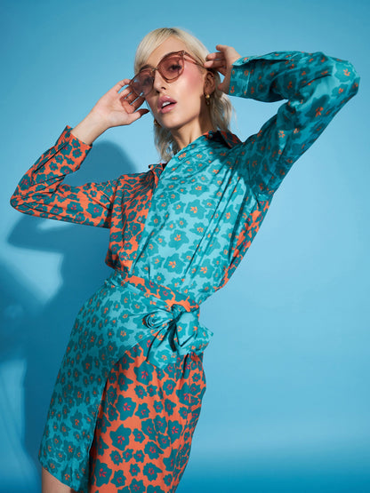 Green & Orange Floral Shirt With Wrap Skirt
