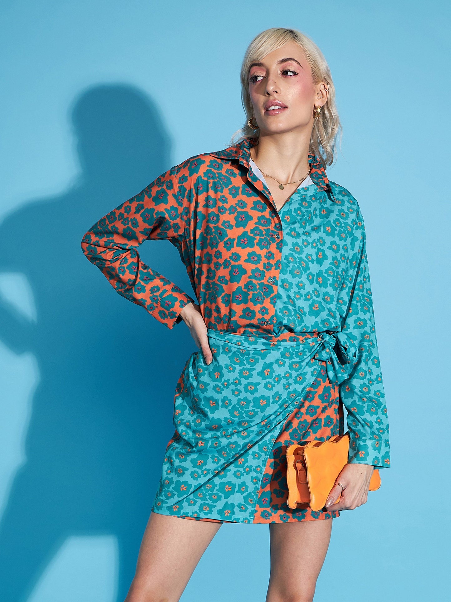 Green & Orange Floral Shirt With Wrap Skirt