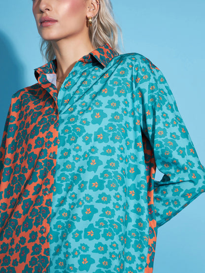 Green & Orange Floral Shirt With Wrap Skirt