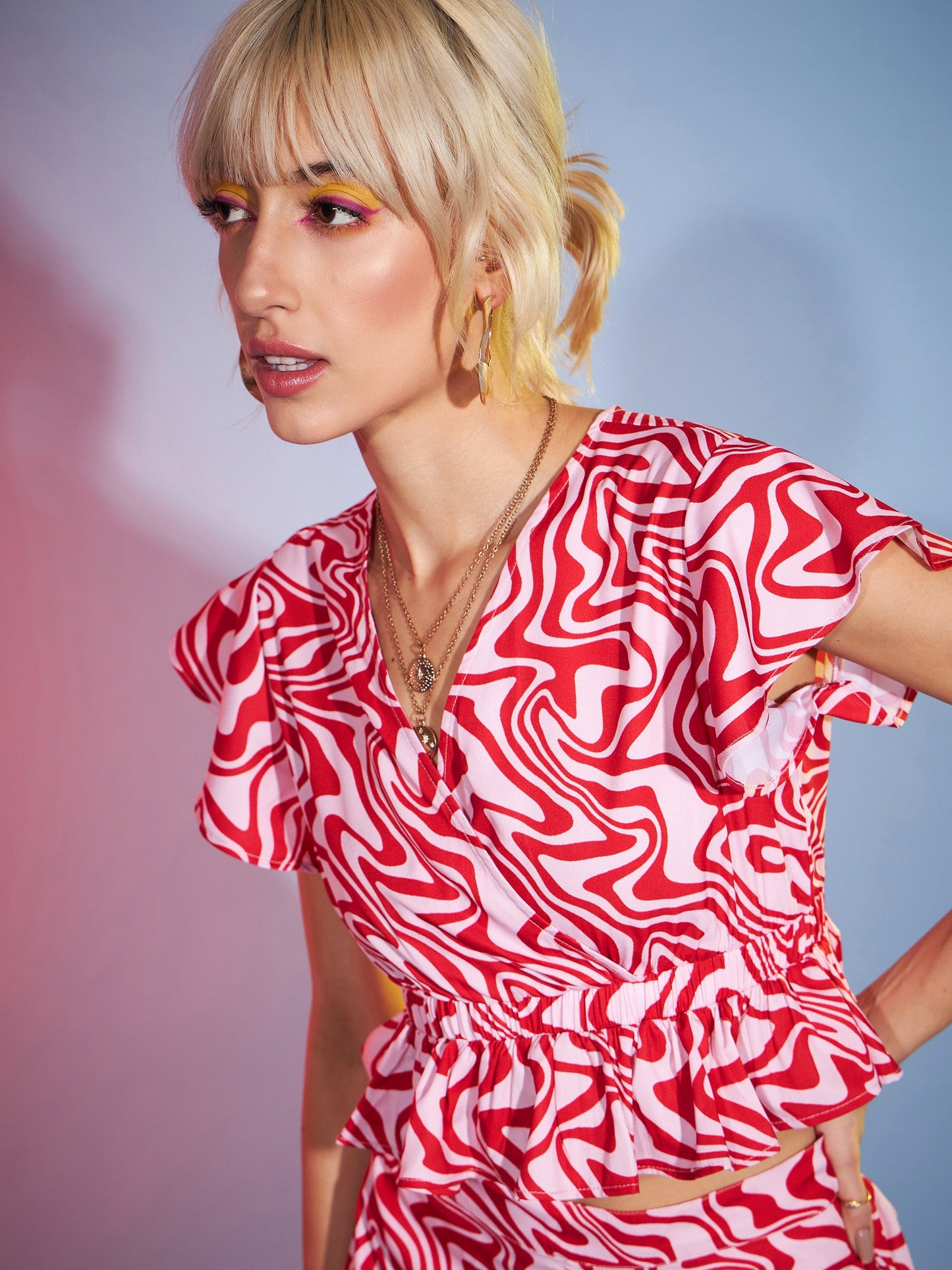 Red Abstract Peplum Top With Tapered Pants