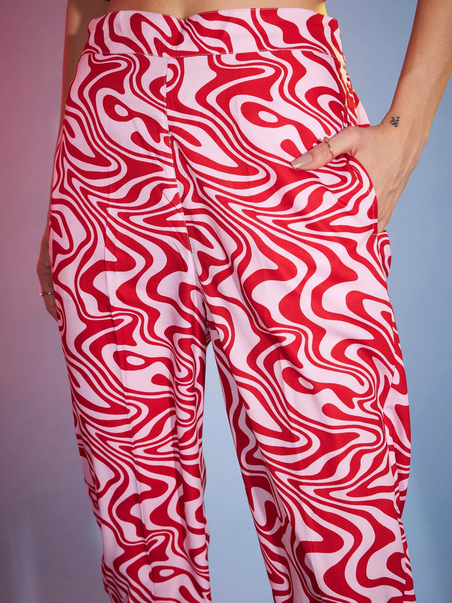 Red Abstract Peplum Top With Tapered Pants