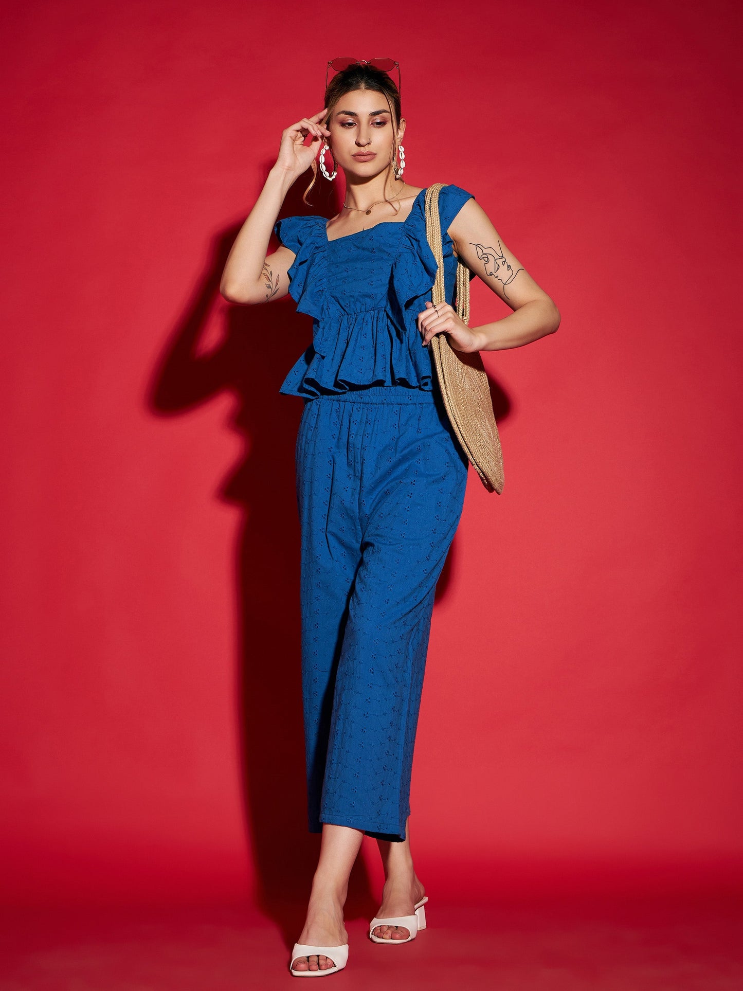 Women Royal Blue Schiffli Peplum Top With Palazzos