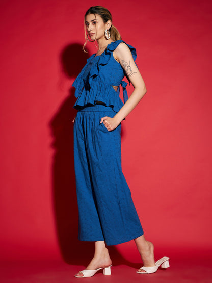 Women Royal Blue Schiffli Peplum Top With Palazzos