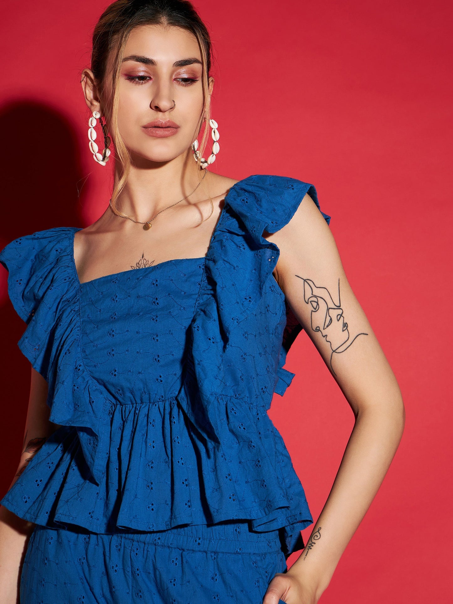 Women Royal Blue Schiffli Peplum Top With Palazzos