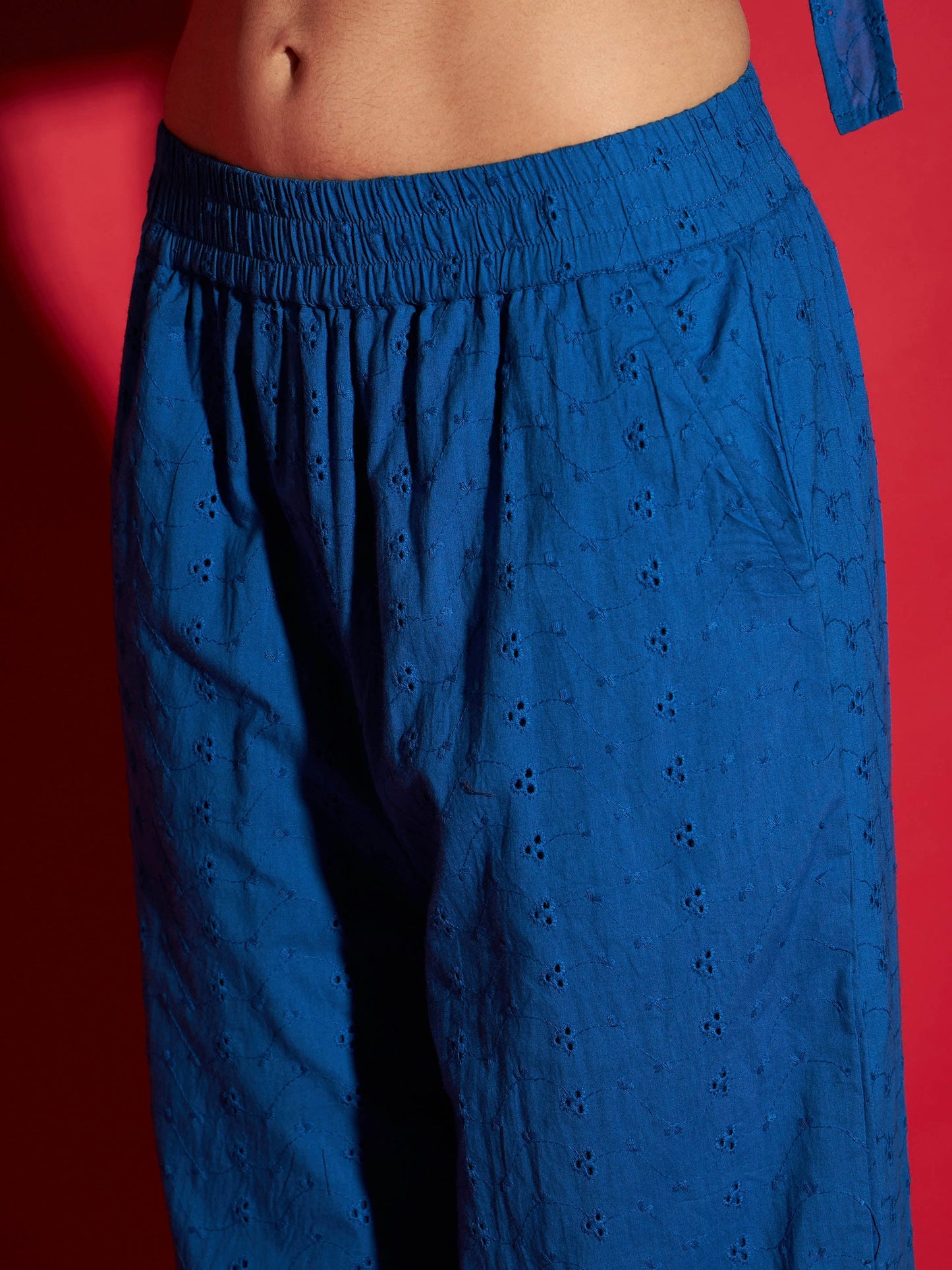 Women Royal Blue Schiffli Peplum Top With Palazzos