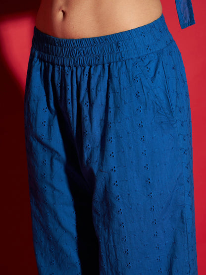 Women Royal Blue Schiffli Peplum Top With Palazzos