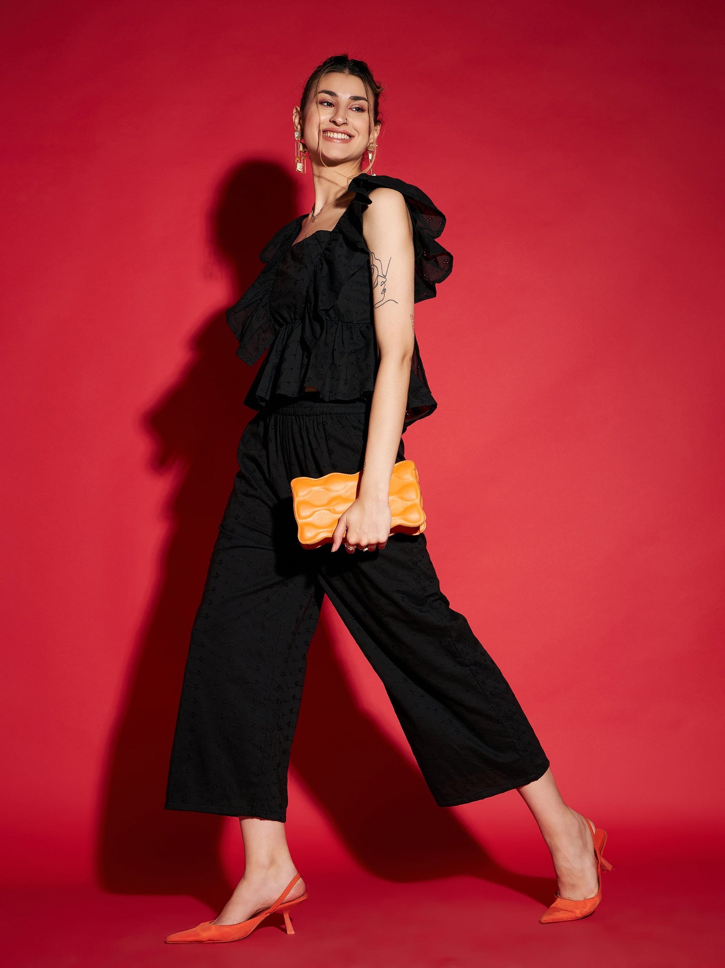 Women Black Schiffli Peplum Top With Palazzos