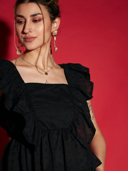 Women Black Schiffli Peplum Top With Palazzos