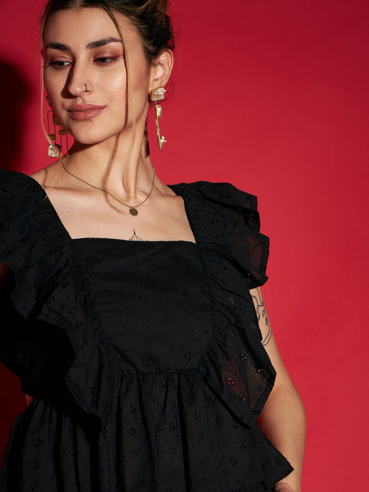 Women Black Schiffli Peplum Top With Palazzos