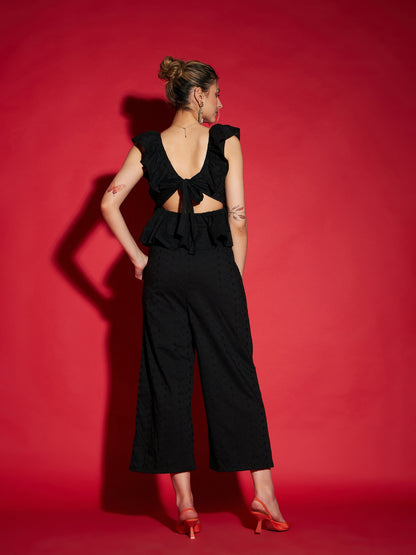 Women Black Schiffli Peplum Top With Palazzos